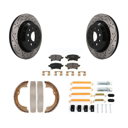 Rear Coated Drilled Slot Disc Rotor Semi-Metallic Pad Parking Shoes Kit For Jeep Wrangler KDF-102034