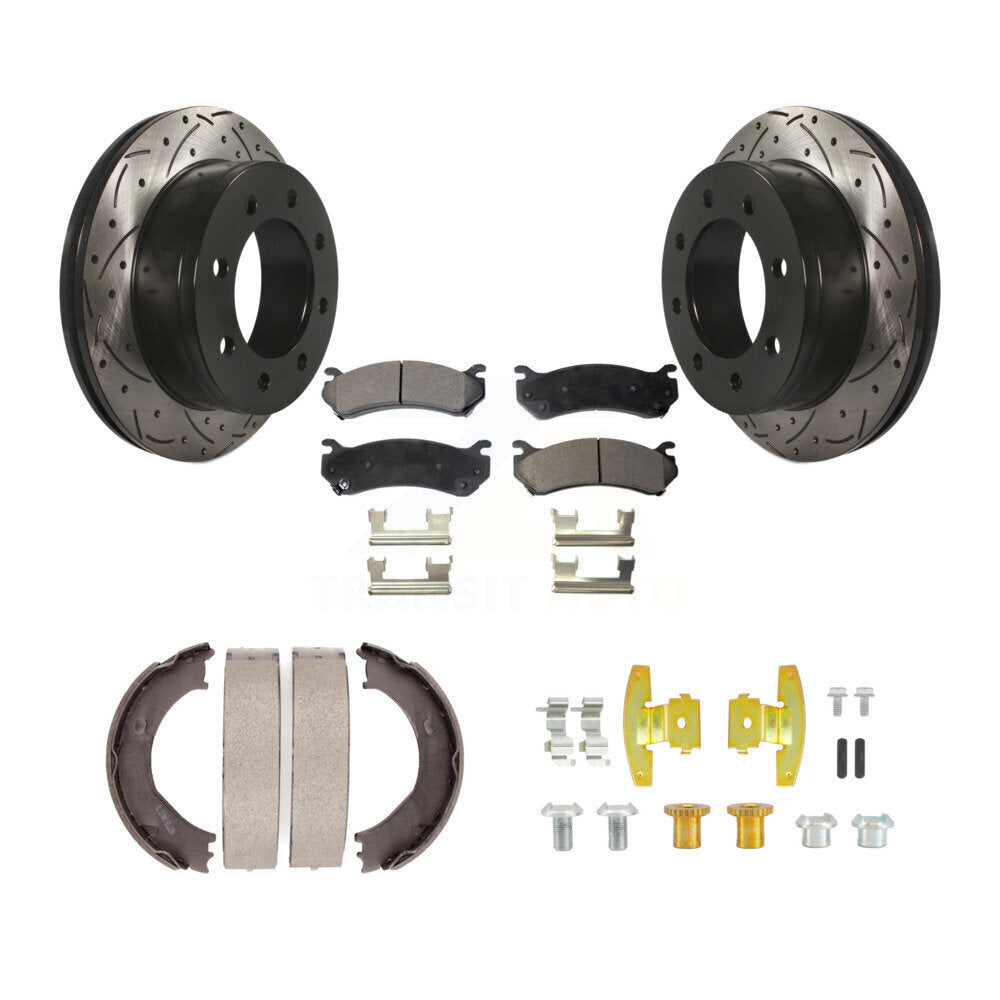 Rear Drill Slot Rotor Semi-Metallic Pad Parking Shoes Kit For Chevrolet Suburban 2500 GMC KDF-102035