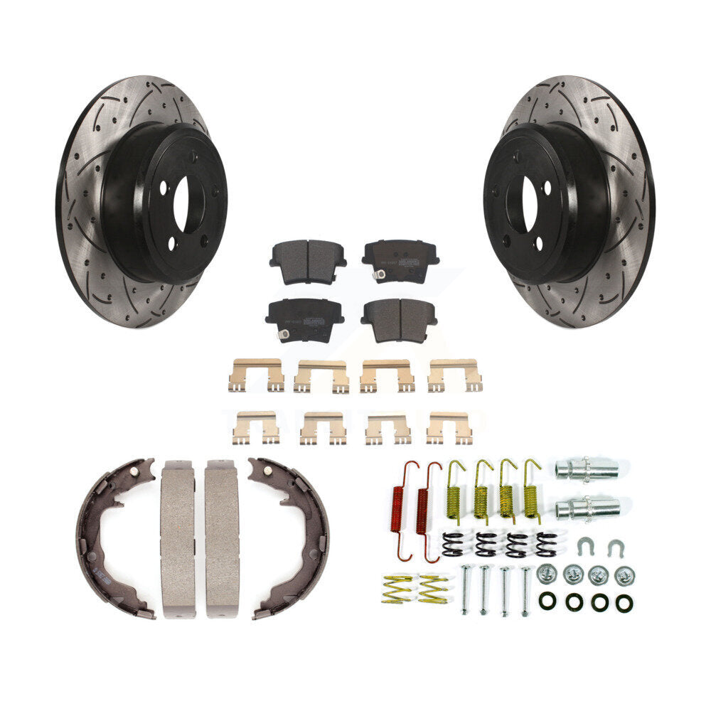 Rear Coated Drilled Slot Disc Rotor Semi-Metallic Pad Parking Shoes Kit For Dodge Avenger KDF-102040