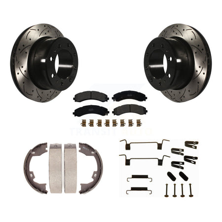 Rear Coated Drill Slot Disc Rotors Semi-Metallic Pad Parking Brake Shoes Kit For Ram 3500 KDF-102042