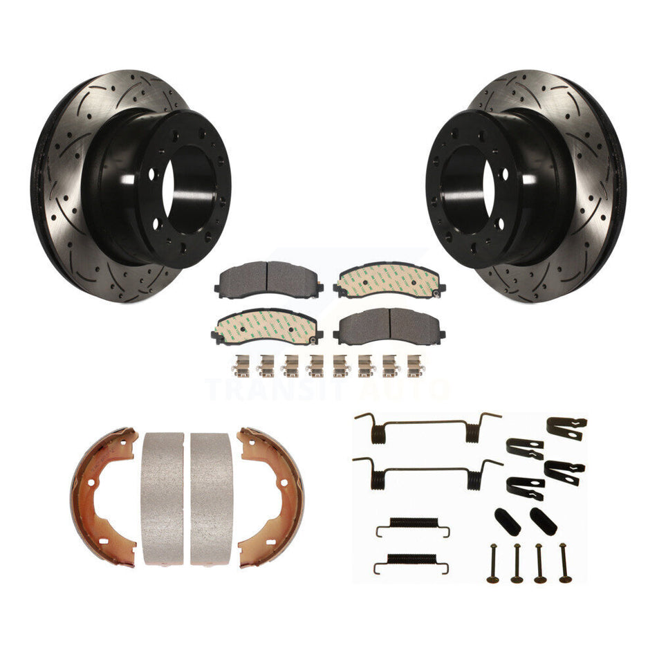 Rear Coated Drill Slot Disc Rotors Semi-Metallic Pad Parking Brake Shoes Kit For Ram 3500 KDF-102043