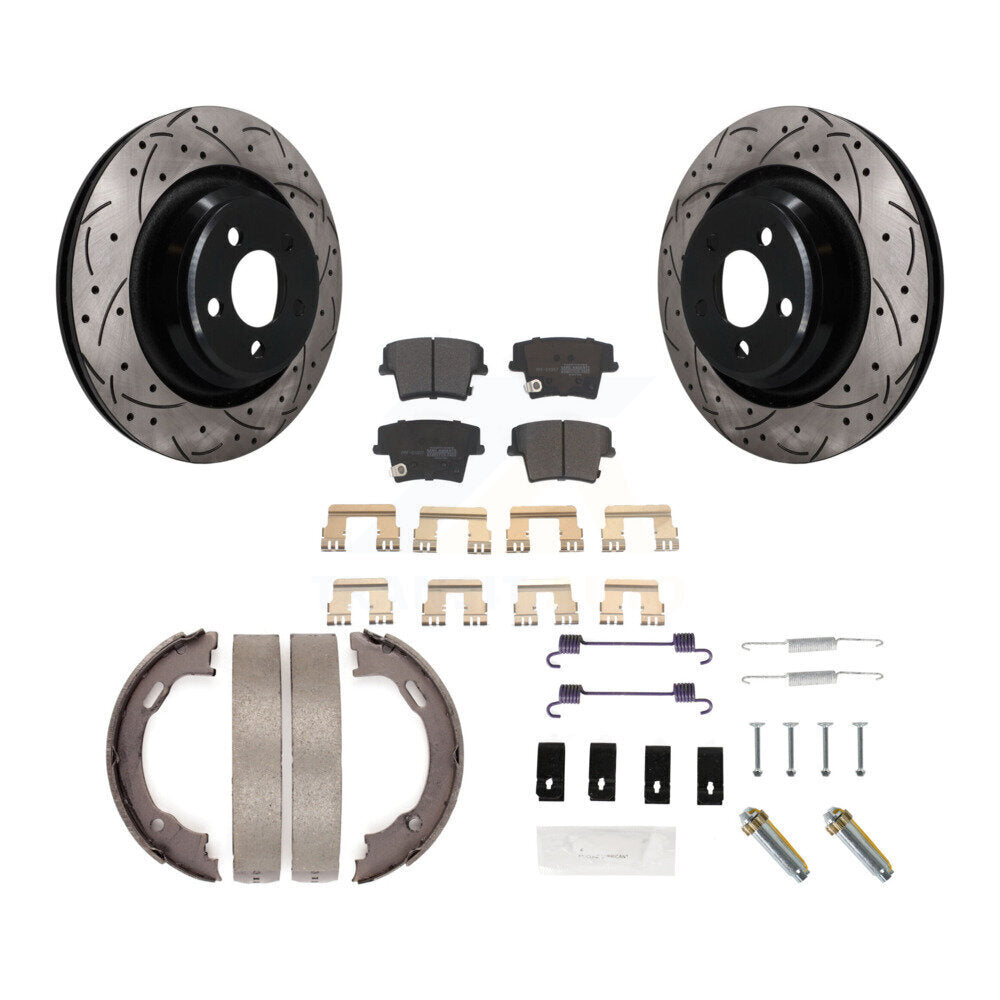 Rear Coated Drilled Slot Disc Rotor Semi-Metallic Pad Parking Shoes Kit For Dodge Charger KDF-102048