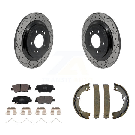 Rear Disc Drilled & Slotted Rotors Semi-Metallic Pads Parking Shoes Kit For Kia Sportage KDF-102050
