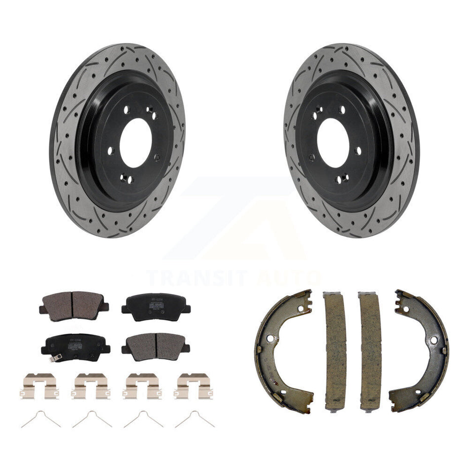 Rear Disc Drilled & Slotted Rotors Semi-Metallic Pads Parking Shoes Kit For Kia Sportage KDF-102050