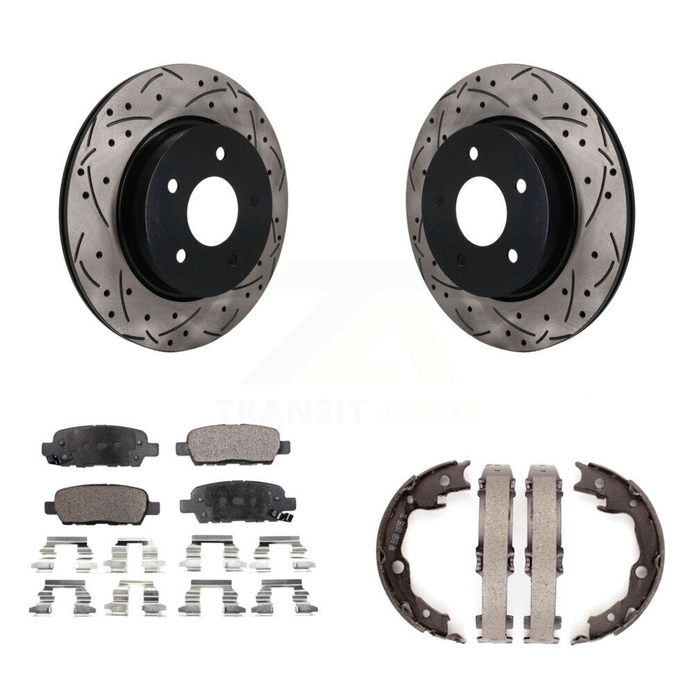 Rear Disc Drilled & Slotted Rotors Semi-Metallic Pads Parking Shoes Kit For Nissan LEAF KDF-102055