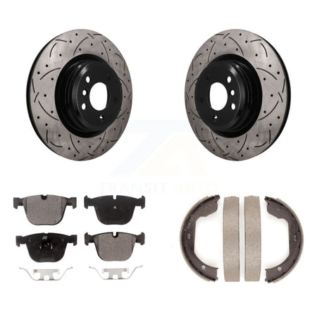 Rear Disc Drilled & Slotted Rotors Semi-Metallic Pads Parking Shoes Kit For BMW 750i 550i KDF-102064