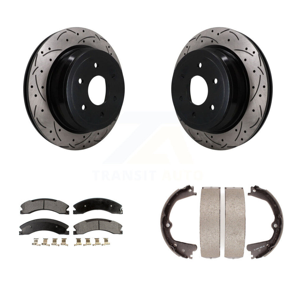 Rear Disc Drilled & Slotted Rotors Semi-Metallic Pads And Parking Brake Shoes Kit For KDF-102065