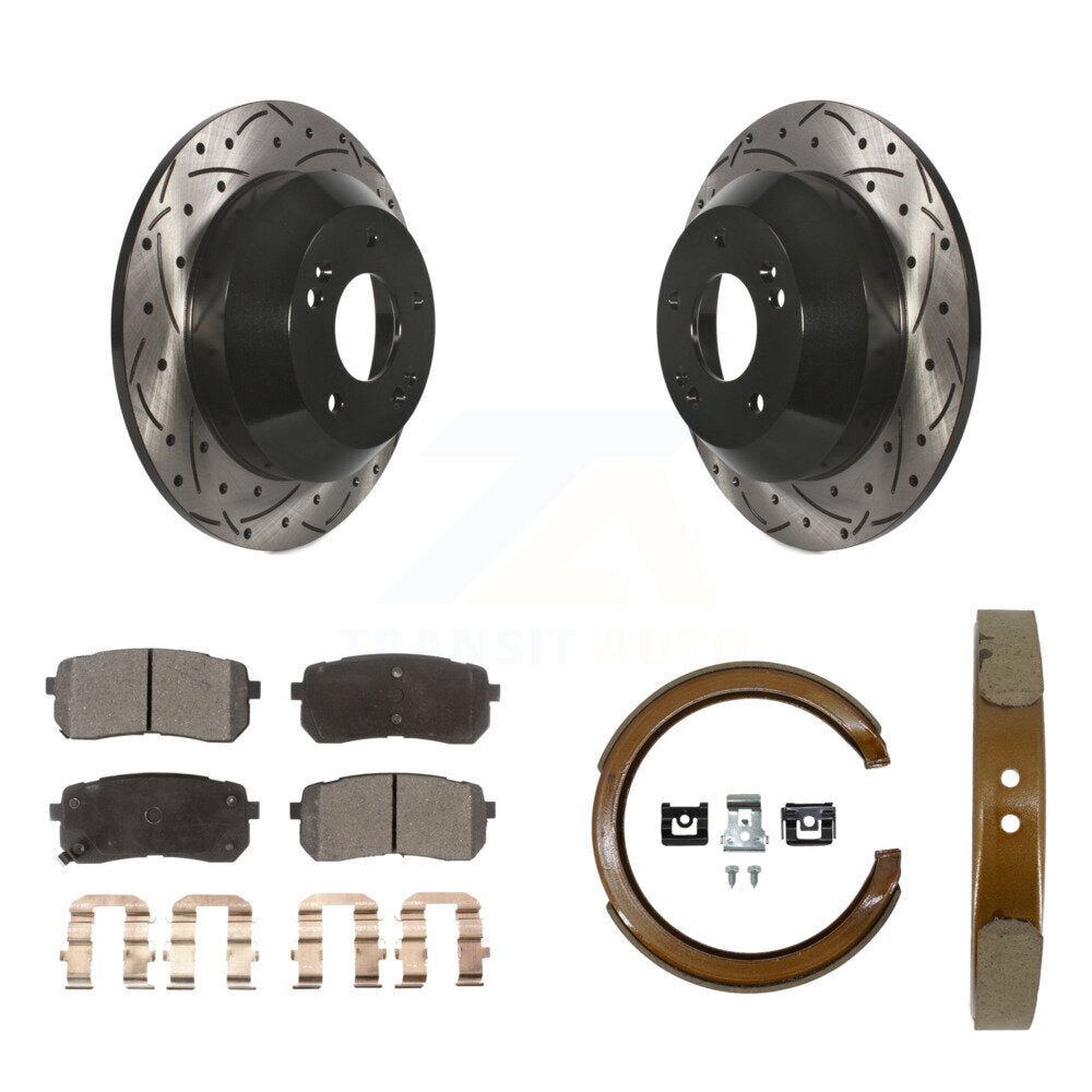 Rear Disc Drilled & Slotted Rotors Semi-Metallic Pads Parking Shoes Kit For Kia Sedona KDF-102066