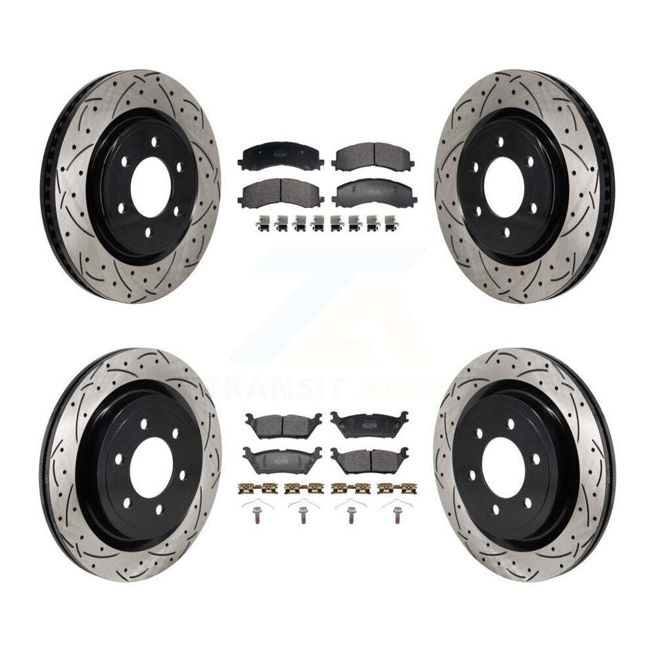 Front Rear Coated Drilled Slotted Disc Brake Rotor & Semi-Metallic Pad Kit For Ford F-150 KDF-102070