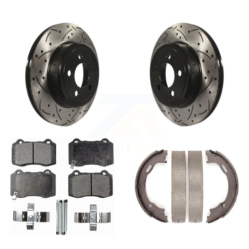 Rear Disc Drilled & Slotted Rotors Semi-Metallic Pads Parking Shoes Kit For Chrysler 300 KDF-102088