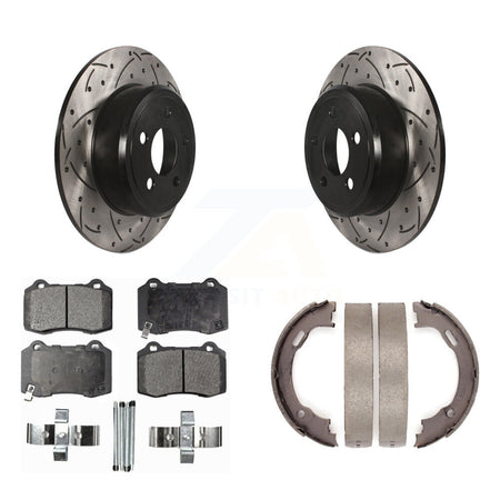 Rear Disc Drilled & Slotted Rotors Semi-Metallic Pads Parking Shoes Kit For Chrysler 300 KDF-102089