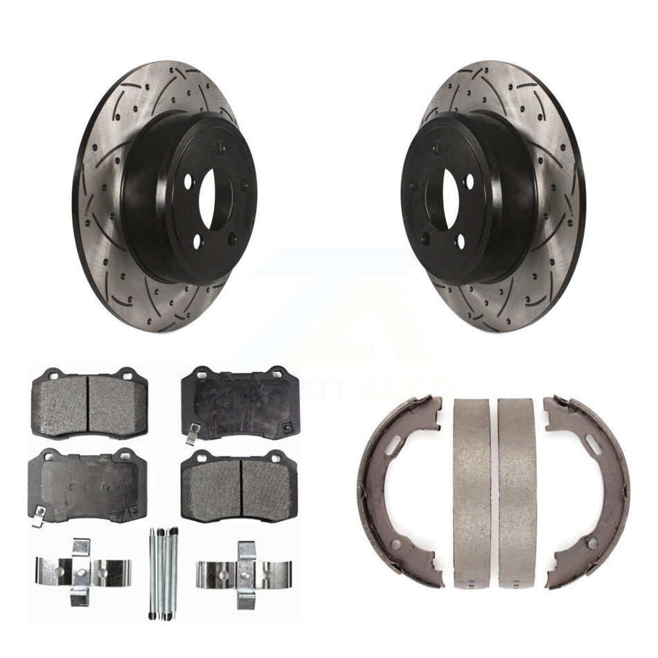 Rear Disc Drilled & Slotted Rotors Semi-Metallic Pads Parking Shoes Kit For Chrysler 300 KDF-102089