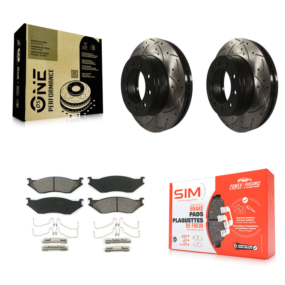 Front Coated Drilled Slotted Disc Brake Rotors And Semi-Metallic Pads Kit For Ford F-450 Super Duty F-550 International CF500 CF600 KDS-100014