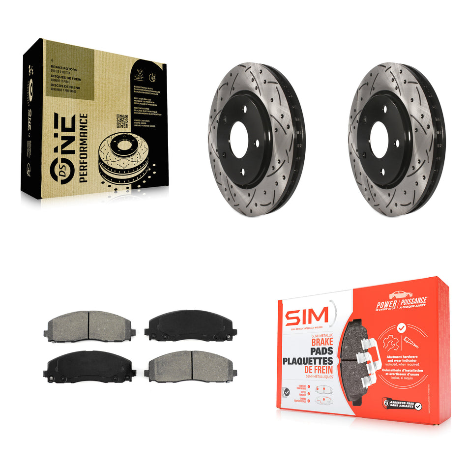 Front Coated Drilled Slotted Disc Brake Rotors And Semi-Metallic Pads Kit For 2017-2018 Dodge Grand Caravan With Single Piston Caliper KDS-100041