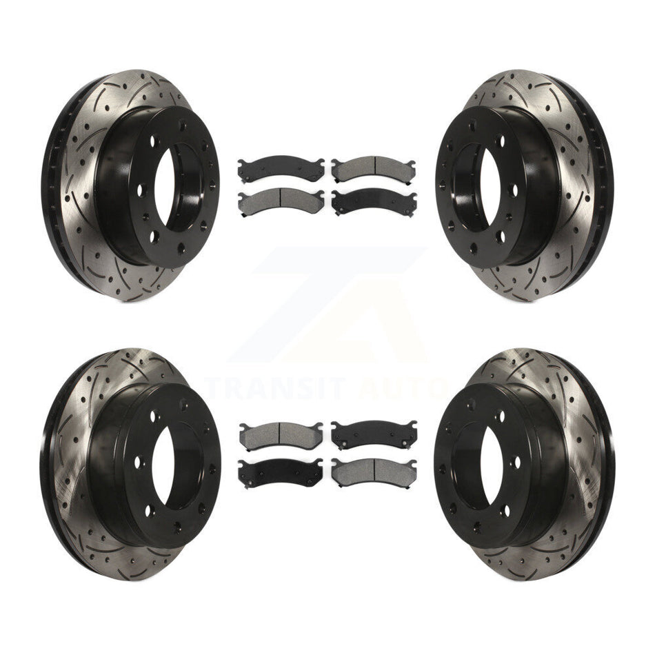 Front Rear Coated Drilled Slotted Disc Brake Rotors And Semi-Metallic Pads Kit For Chevrolet Silverado 2500 HD GMC Sierra Hummer H2 1500 Suburban Yukon XL Avalanche Classic KDS-100175