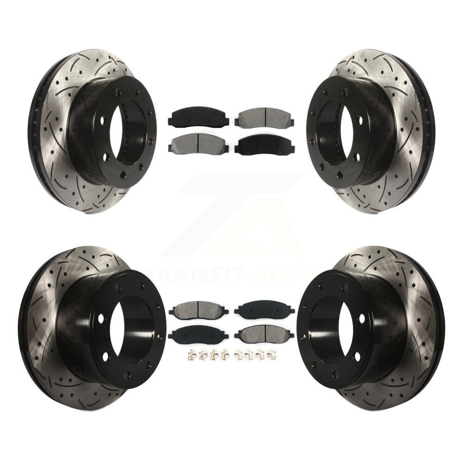 Front Rear Coated Drilled Slotted Disc Brake Rotors And Semi-Metallic Pads Kit For Ford F-250 Super Duty F-350 KDS-100190