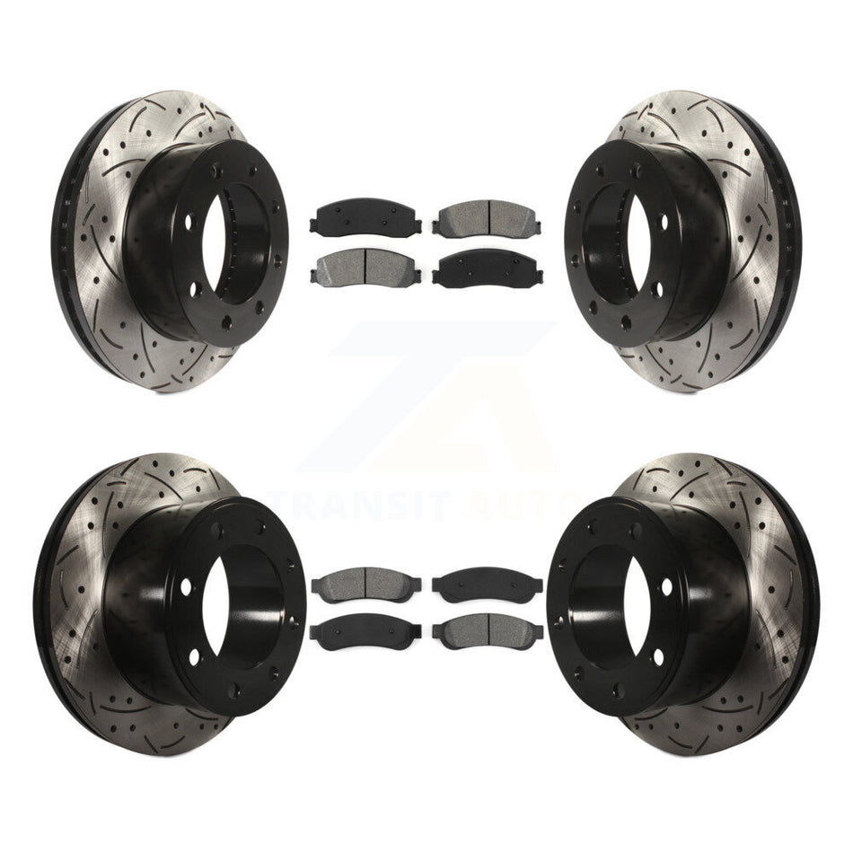 Front Rear Coated Drilled Slotted Disc Brake Rotors And Semi-Metallic Pads Kit For Ford F-250 Super Duty F-350 4WD KDS-100193