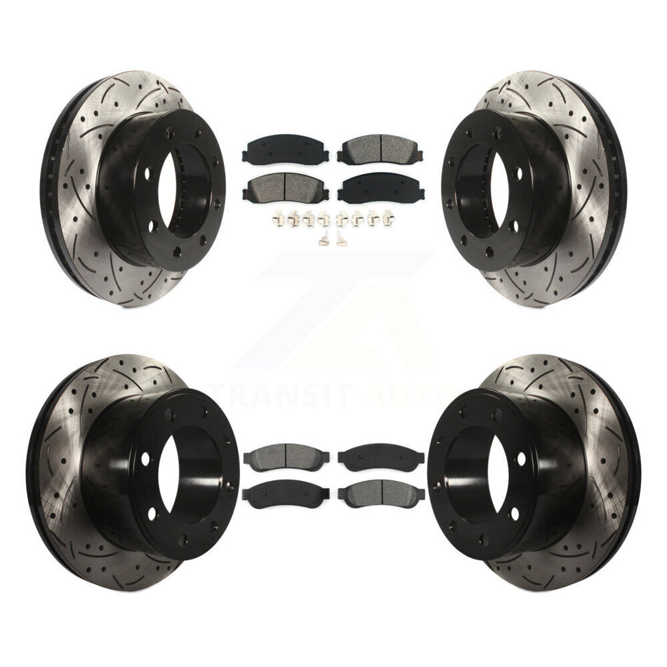 Front Rear Coated Drilled Slotted Disc Brake Rotors And Semi-Metallic Pads Kit For Ford F-250 Super Duty F-350 With Single Wheels 4WD KDS-100194
