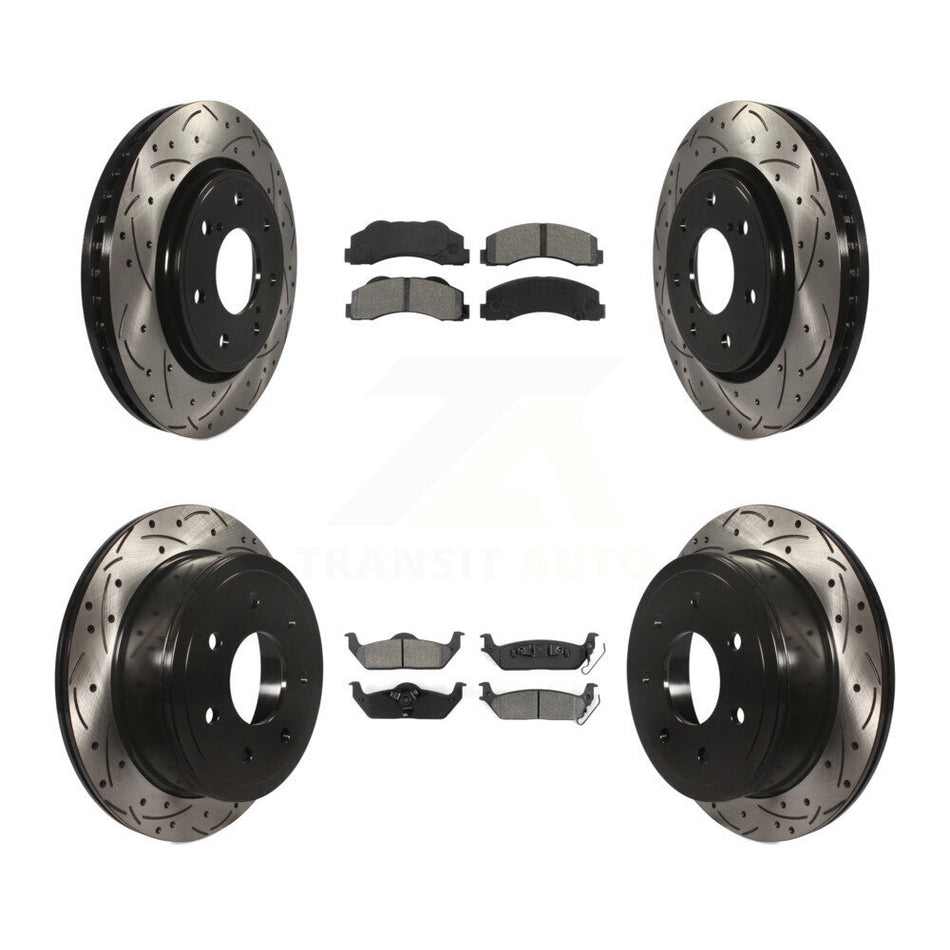 Front Rear Coated Drilled Slotted Disc Brake Rotors And Semi-Metallic Pads Kit For 2010-2011 Ford F-150 With 7 Lug Wheels KDS-100210