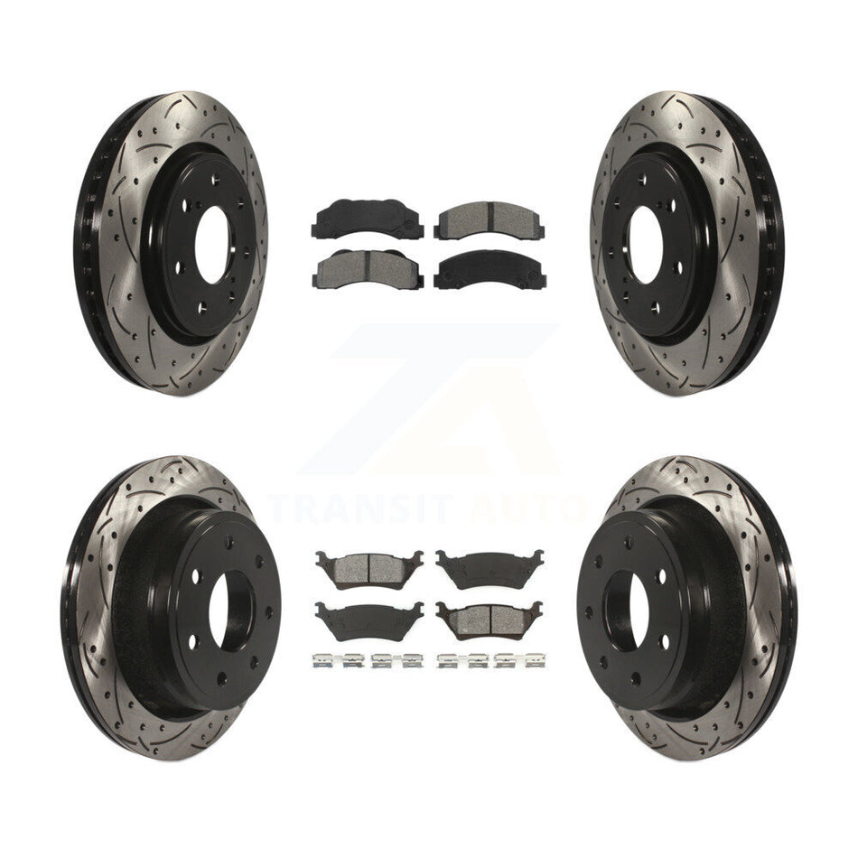 Front Rear Coated Drilled Slotted Disc Brake Rotors And Semi-Metallic Pads Kit For 2012-2014 Ford F-150 With 7 Lug Wheels KDS-100211
