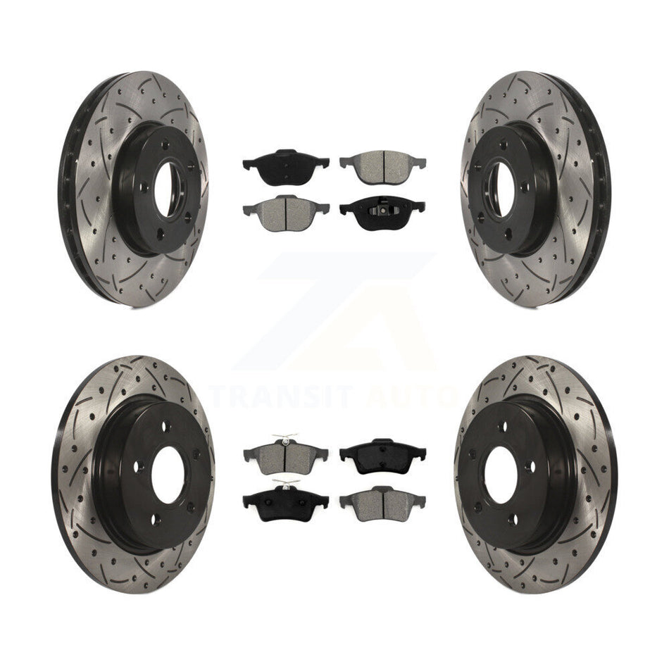 Front Rear Coated Drilled Slotted Disc Brake Rotors And Semi-Metallic Pads Kit For Ford Focus KDS-100213