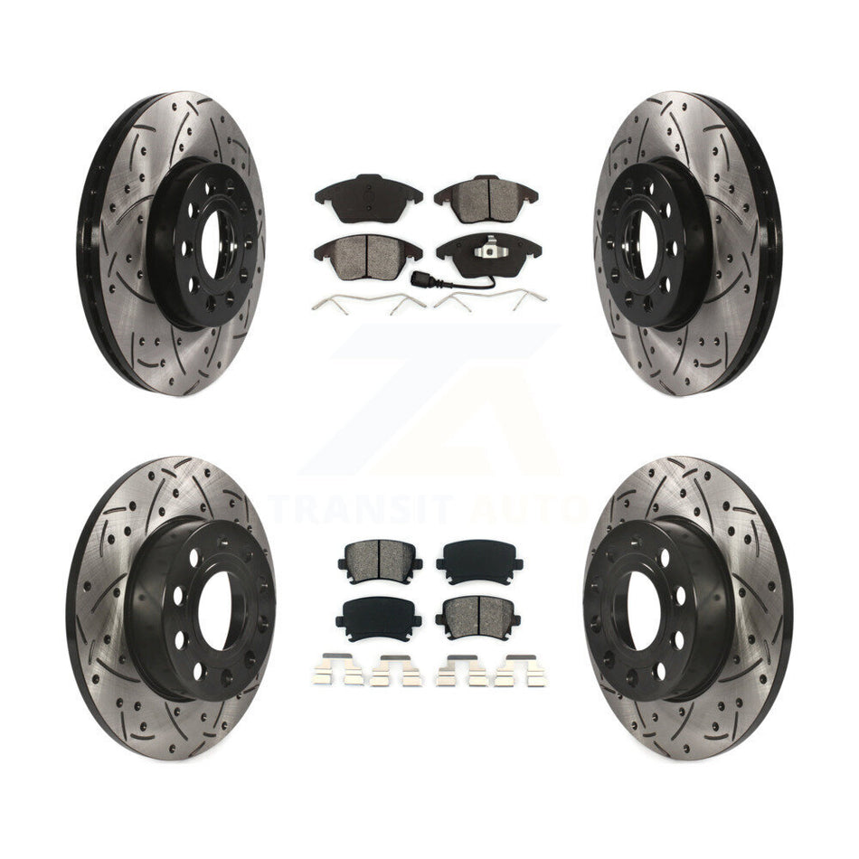 Front Rear Coated Drilled Slotted Disc Brake Rotors And Semi-Metallic Pads Kit For 2006-2009 Volkswagen Rabbit KDS-100276
