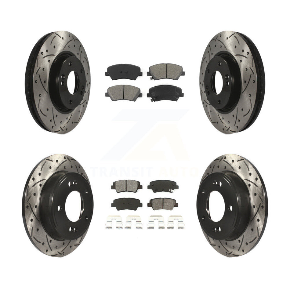 Front Rear Coated Drilled Slotted Disc Brake Rotors And Semi-Metallic Pads Kit For 2015 Hyundai Veloster Tech RE FLEX SE KDS-100281