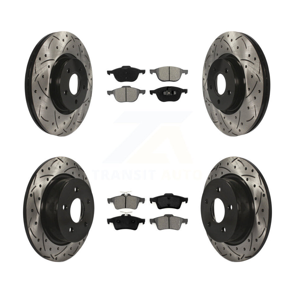 Front Rear Coated Drilled Slotted Disc Brake Rotors And Semi-Metallic Pads Kit For 2014 Ford Connect 104.8" wheel base KDS-100294
