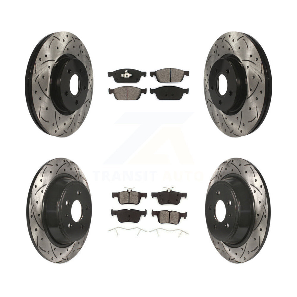 Front Rear Coated Drilled Slotted Disc Brake Rotors And Semi-Metallic Pads Kit For Ford Escape Lincoln MKC KDS-100296