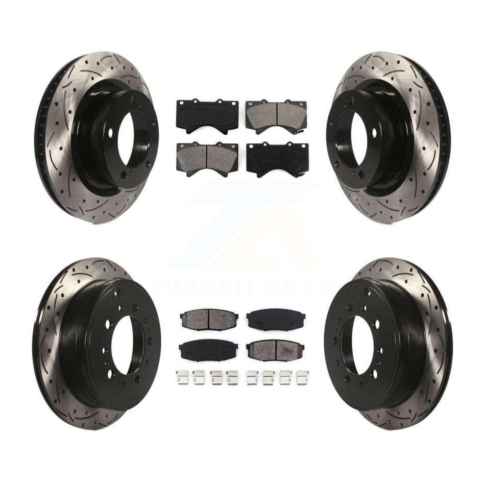 Front Rear Coated Drilled Slotted Disc Brake Rotors And Semi-Metallic Pads Kit For Toyota Tundra Sequoia Lexus LX570 Land Cruiser KDS-100299