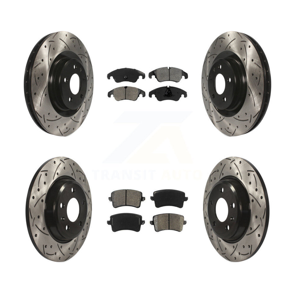 Front Rear Coated Drilled Slotted Disc Brake Rotors And Semi-Metallic Pads Kit For 2009-2010 Audi Q5 With 345mm Diameter Rotor KDS-100322