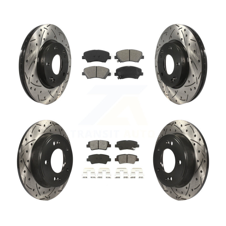 Front Rear Coated Drilled Slotted Disc Brake Rotors And Semi-Metallic Pads Kit For Hyundai Elantra Kia Forte Veloster GT Forte5 Coupe Koup KDS-100337