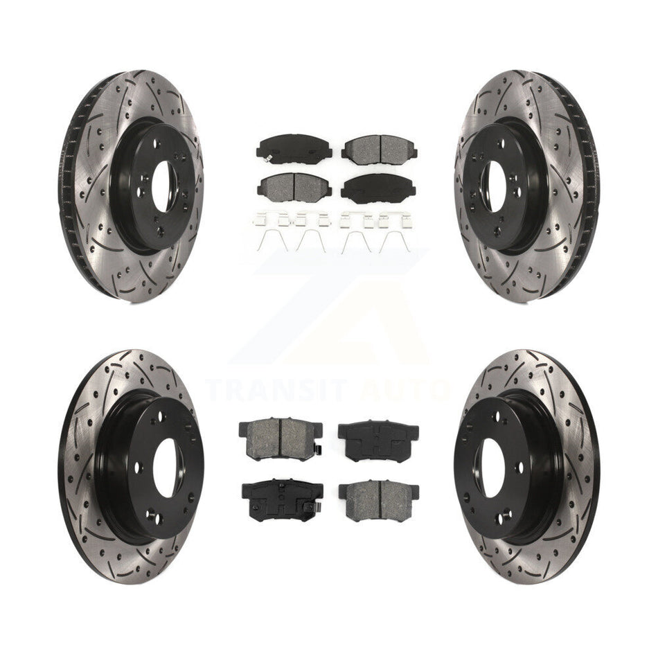Front Rear Coated Drilled Slotted Disc Brake Rotors And Semi-Metallic Pads Kit For 2015 Honda Civic EX with Coupe Manual transmission KDS-100351