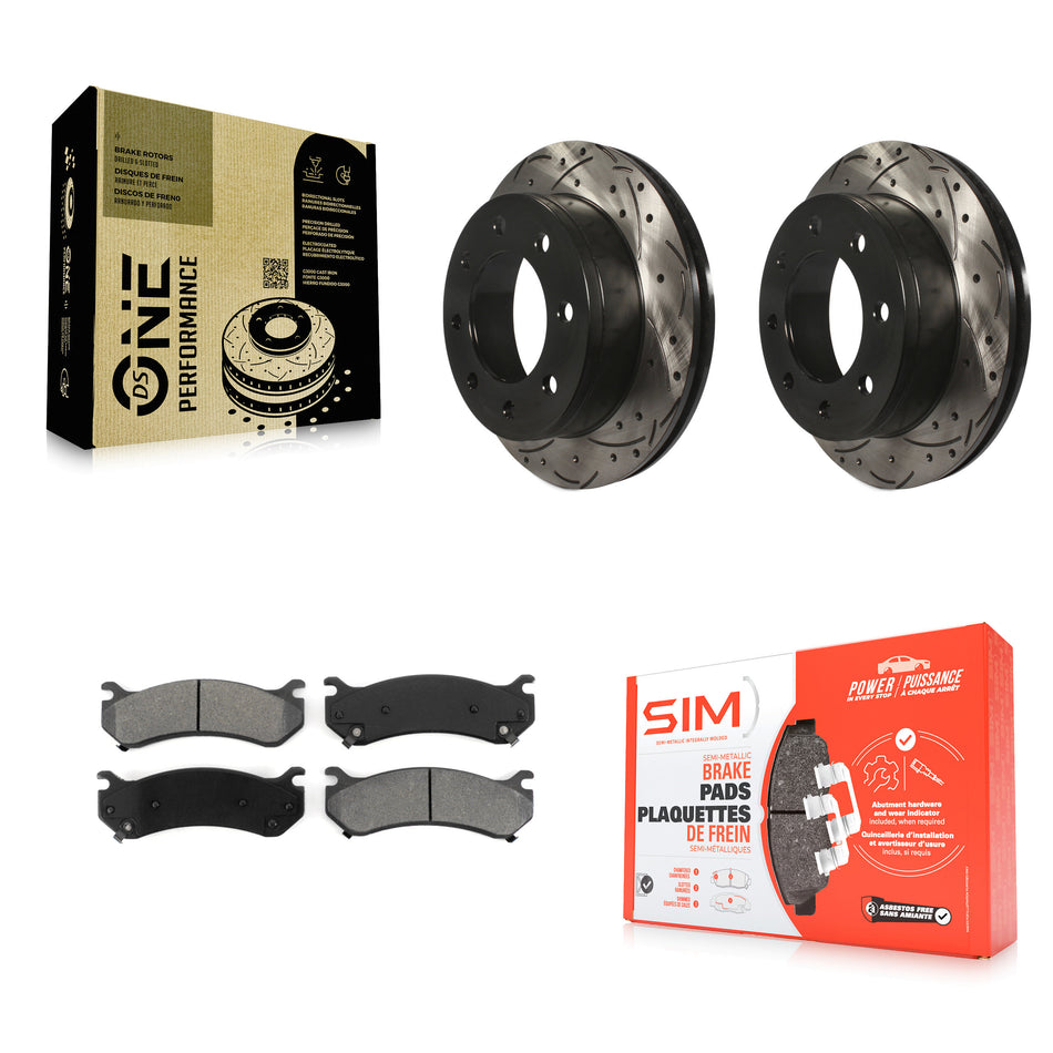 Rear Coated Drilled Slotted Disc Brake Rotors And Semi-Metallic Pads Kit For Chevrolet Silverado 2500 HD GMC Sierra Hummer H2 1500 Suburban Yukon XL Avalanche Classic KDS-100377