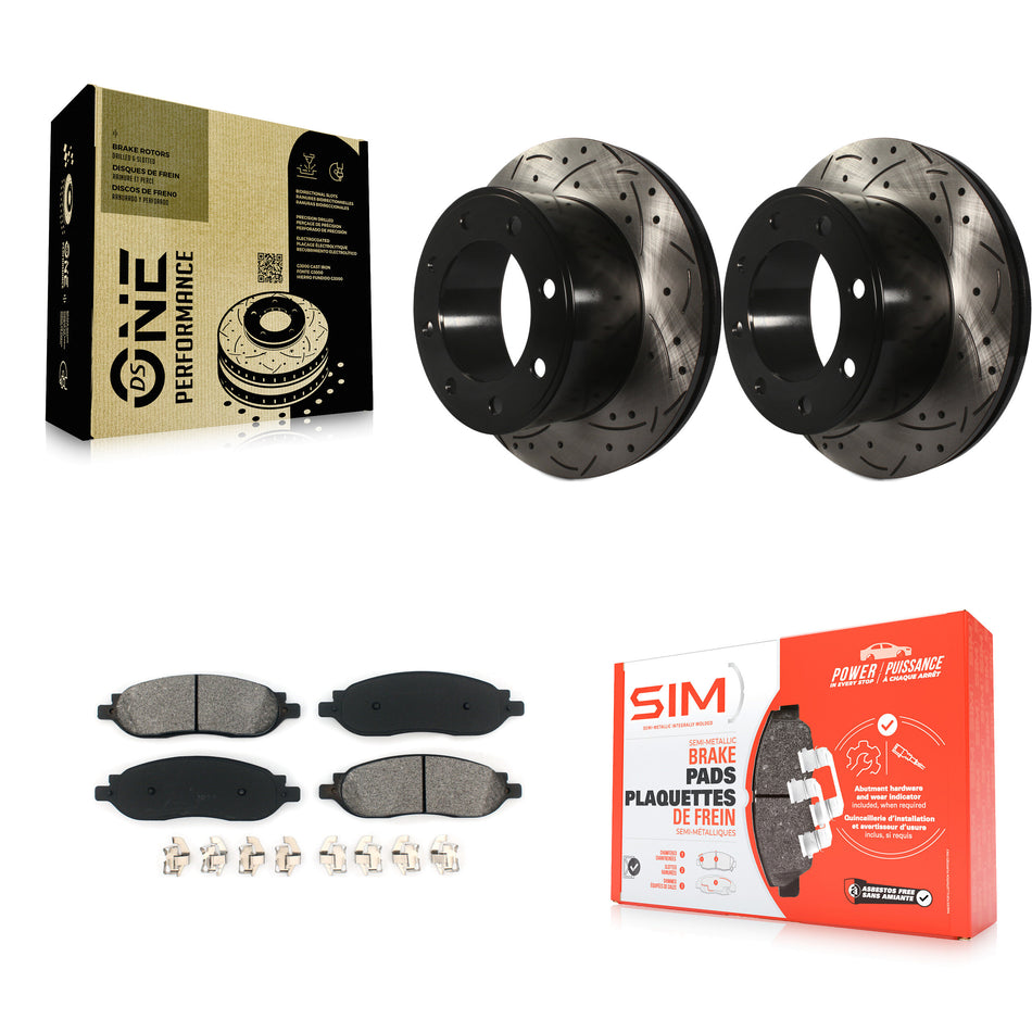 Rear Coated Drilled Slotted Disc Brake Rotors And Semi-Metallic Pads Kit For 2005-2007 Ford F-250 Super Duty F-350 KDS-100401