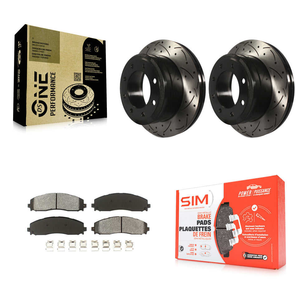 Rear Coated Drilled Slotted Disc Brake Rotors And Semi-Metallic Pads Kit For Ford F-250 Super Duty F-350 KDS-100415