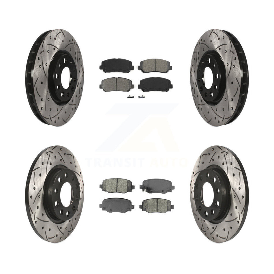 Front Rear Coated Drilled Slotted Disc Brake Rotors And Semi-Metallic Pads Kit For 2015-2017 Chrysler 200 With 305mm Diameter Rotor KDS-100520