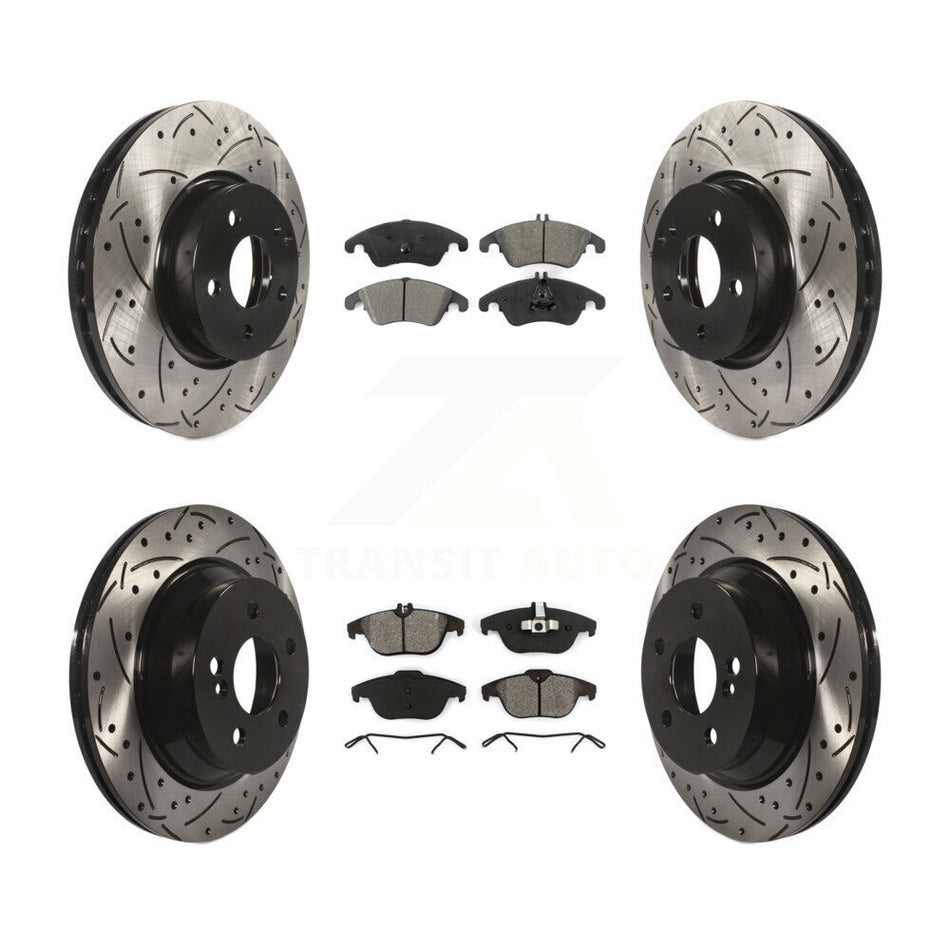 Front Rear Coated Drilled Slotted Disc Brake Rotors And Semi-Metallic Pads Kit For 2014 Mercedes-Benz E350 Convertible Coupe With 322mm Diameter Rotor KDS-100534