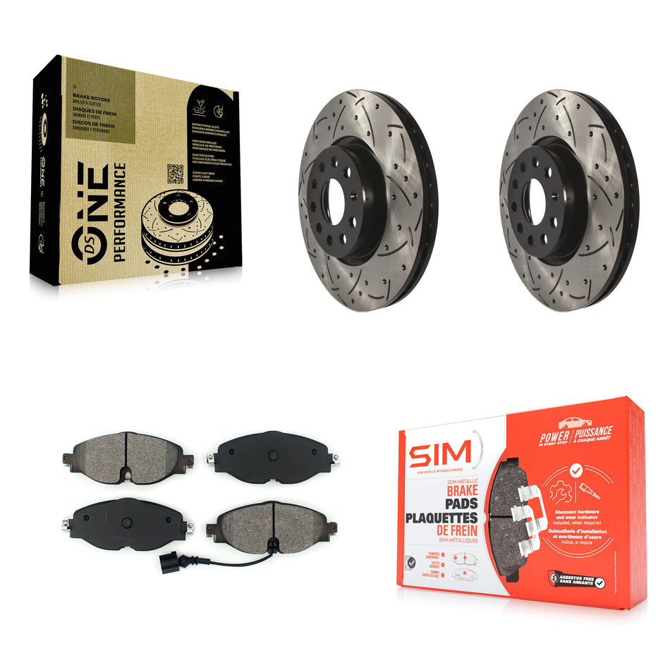 Front Coated Drilled Slotted Disc Brake Rotors And Semi-Metallic Pads Kit For Volkswagen Audi GTI A3 Quattro Golf Alltrack Sportback e-tron TT Taos Passat KDS-100548