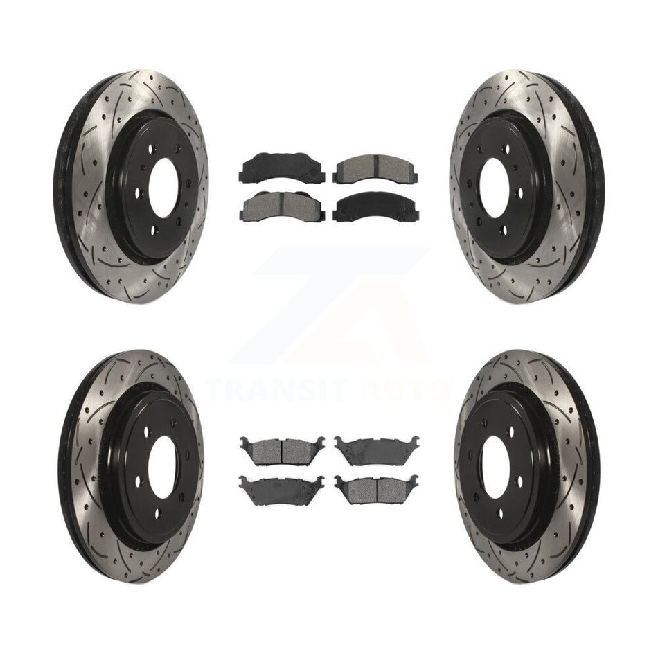 Front Rear Coated Drilled Slotted Disc Brake Rotors And Semi-Metallic Pads Kit For 2015-2017 Ford F-150 With Electric Parking KDS-100554