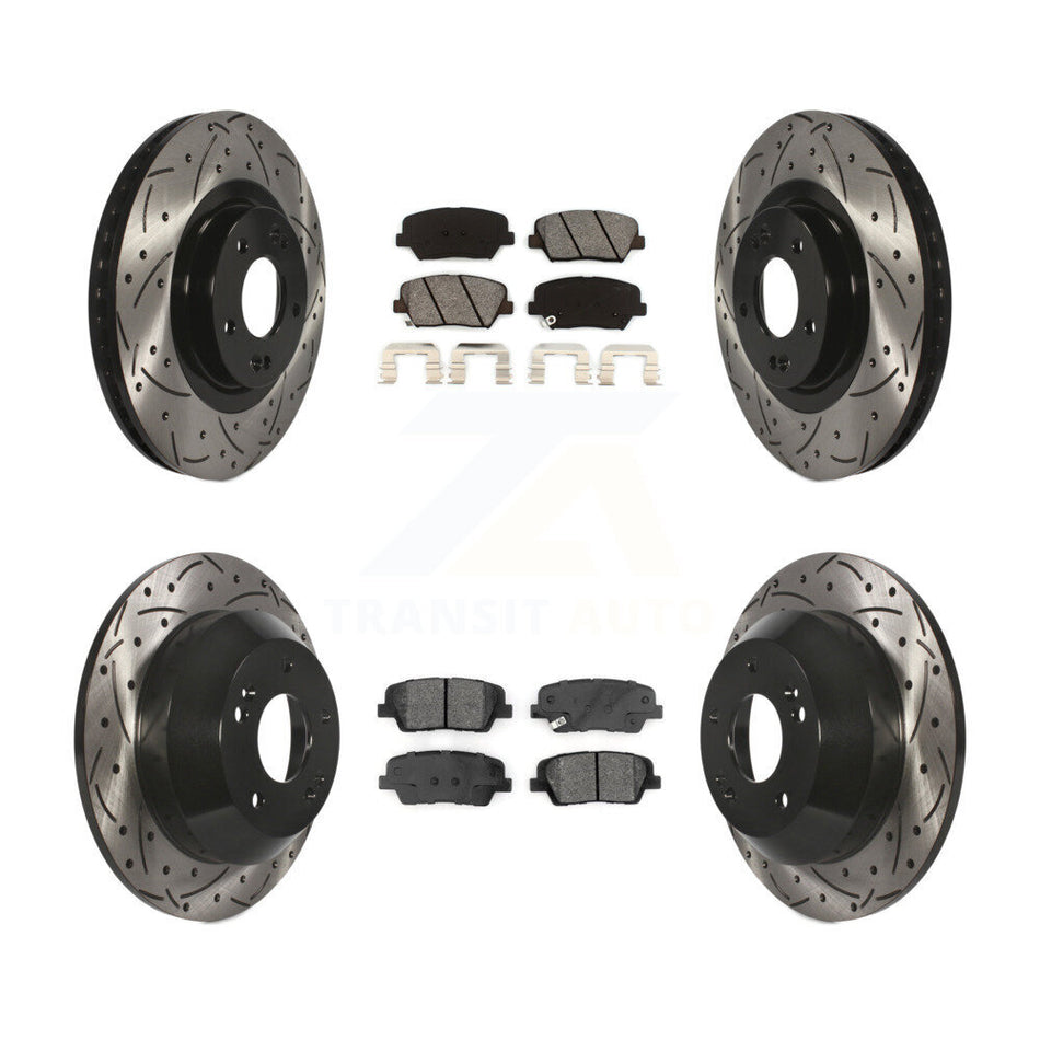 Front Rear Coated Drilled Slotted Disc Brake Rotors And Semi-Metallic Pads Kit For 2014-2015 Kia Sorento With Red Painted Calipers KDS-100555