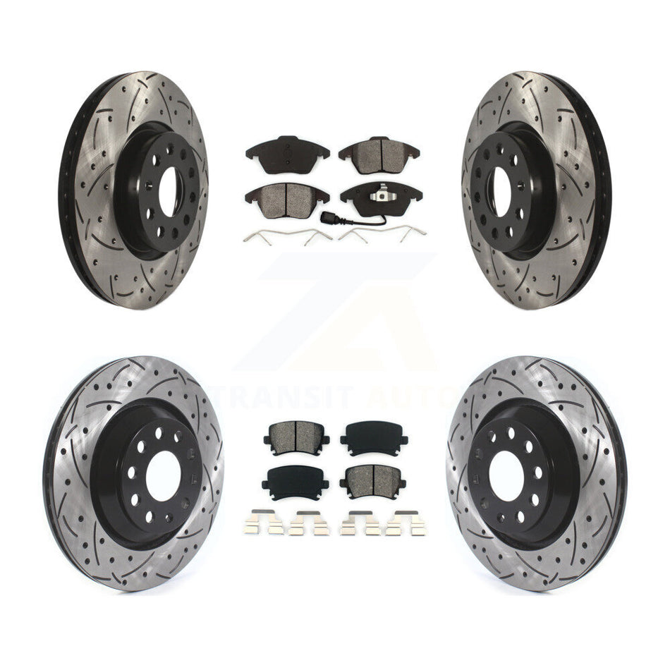 Front Rear Coated Drilled Slotted Disc Brake Rotors And Semi-Metallic Pads Kit For 2009-2010 Volkswagen Passat CC With 312mm Diameter Rotor KDS-100575