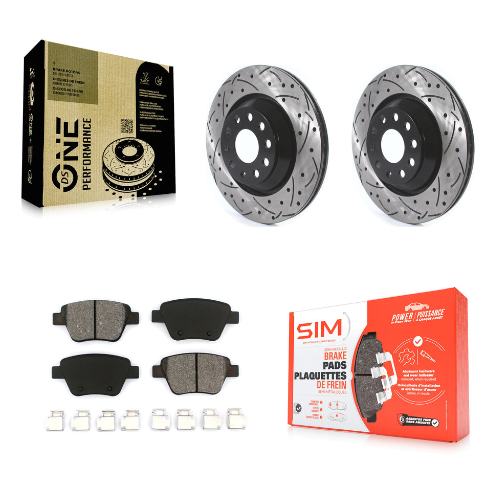 Rear Coated Drilled Slotted Disc Brake Rotors And Semi-Metallic Pads Kit For 2013 Volkswagen GTI With 310mm Diameter Rotor KDS-100589