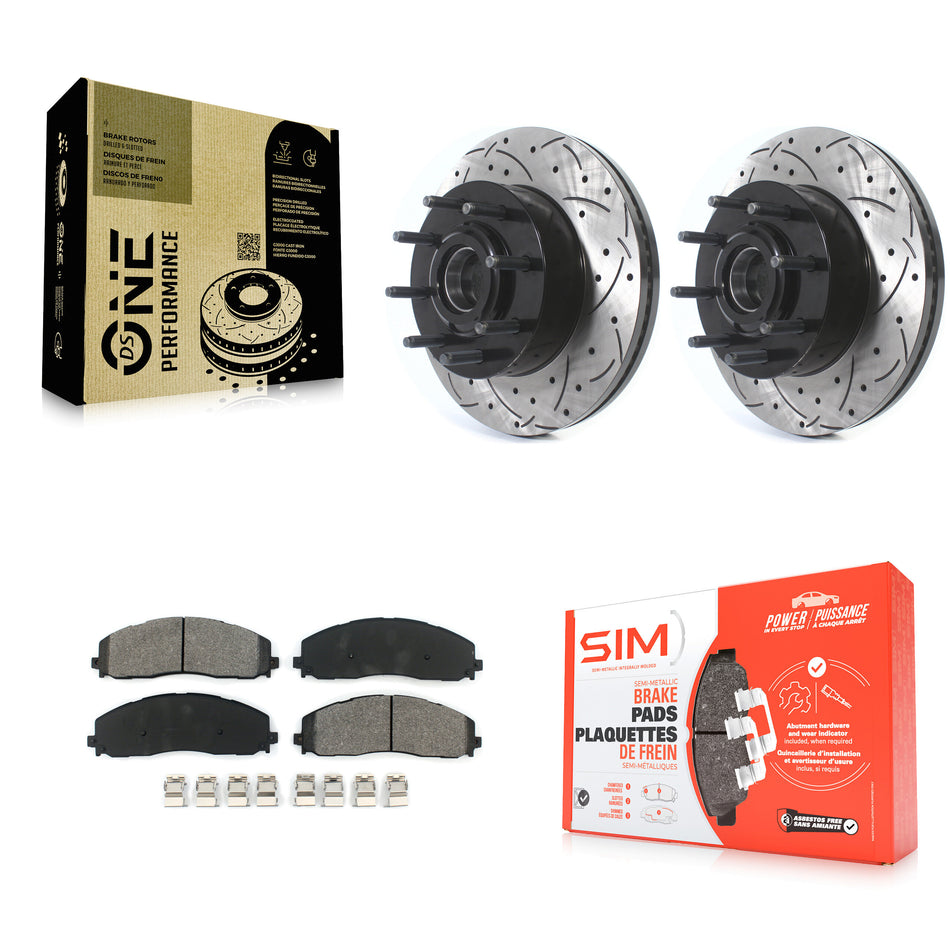 Front Coated Drilled Slotted Disc Brake Rotors Hub Assembly And Semi-Metallic Pads Kit For Ford F-250 Super Duty F-350 KDS-100599