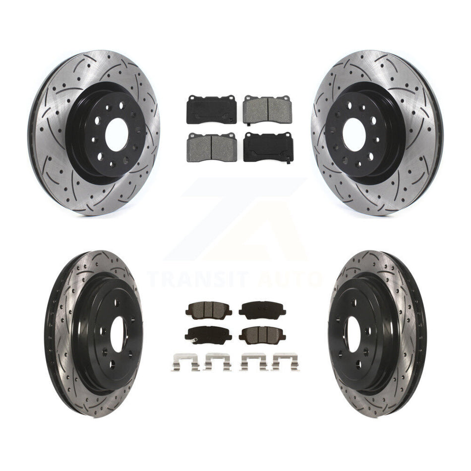 Front Rear Coated Drilled Slotted Disc Brake Rotors And Semi-Metallic Pads Kit For Cadillac CTS With 18" Factory Wheels KDS-100624