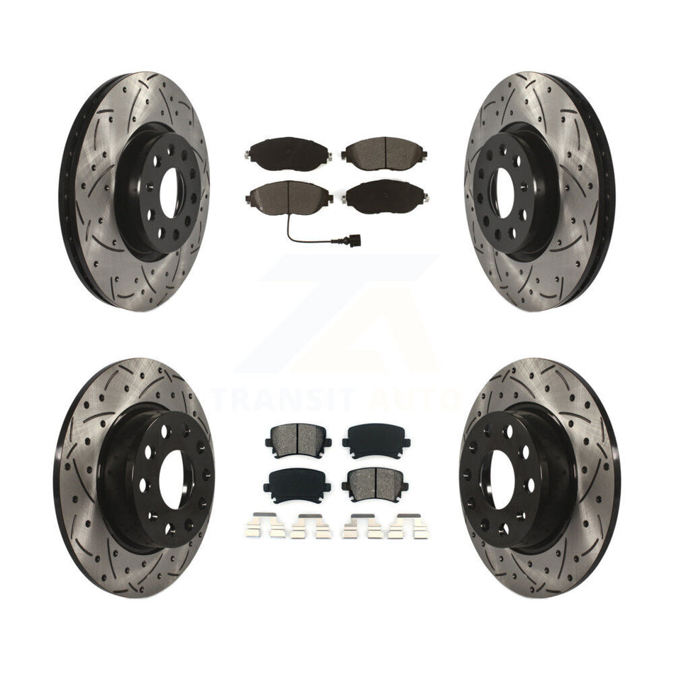 Front Rear Coated Drilled Slotted Disc Brake Rotors And Semi-Metallic Pads Kit For 2015 Volkswagen GTI With Performance Package KDS-100628
