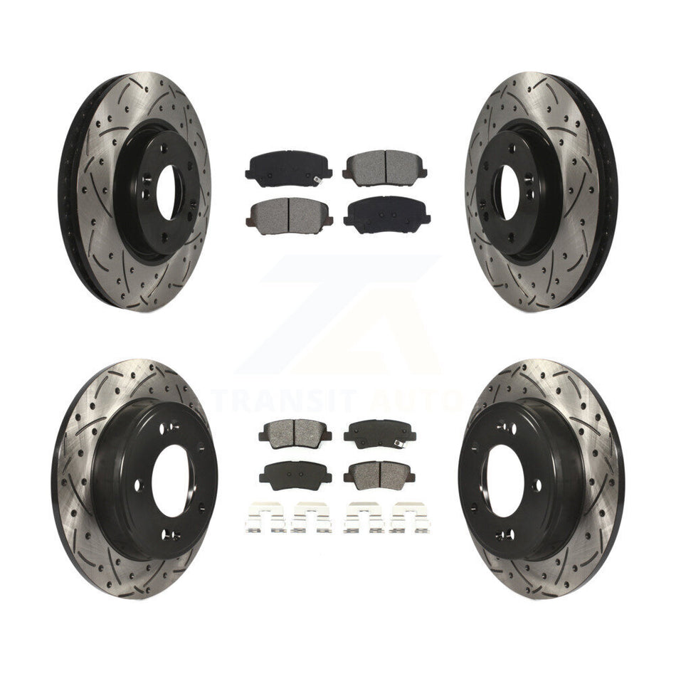 Front Rear Coated Drilled Slotted Disc Brake Rotors And Semi-Metallic Pads Kit For Kia Forte Forte5 SX KDS-100629
