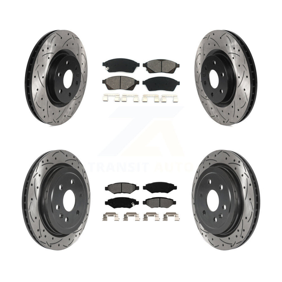 Front Rear Coated Drilled Slotted Disc Brake Rotors And Semi-Metallic Pads Kit For Cadillac SRX Saab 9-4X KDS-100705