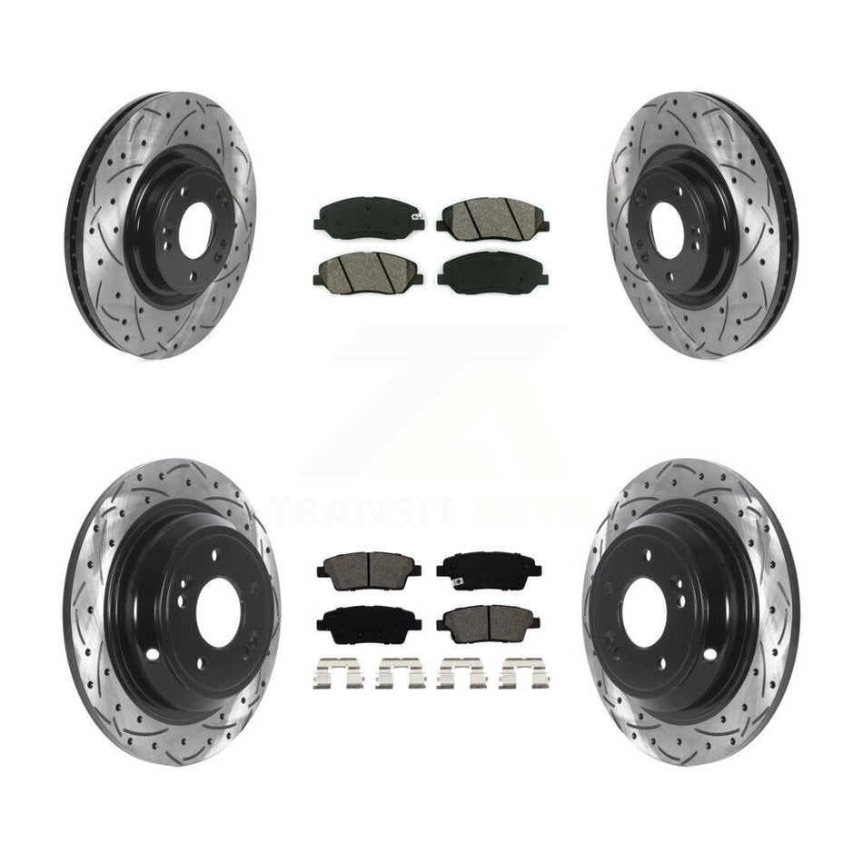 Front Rear Coated Drilled Slotted Disc Brake Rotors And Semi-Metallic Pads Kit For 2012 Hyundai Genesis 3.8L KDS-100741