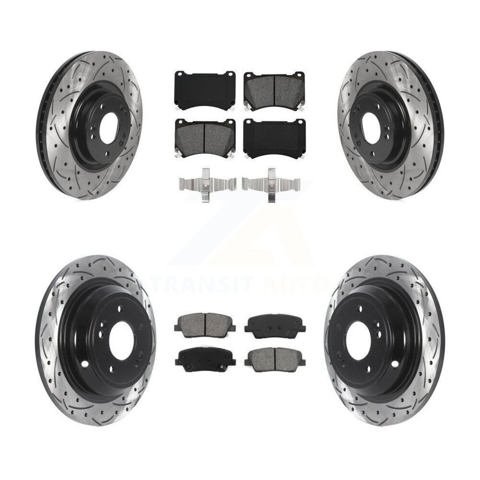 Front Rear Coated Drilled Slotted Disc Brake Rotors And Semi-Metallic Pads Kit For Hyundai Genesis 4.6L KDS-100742